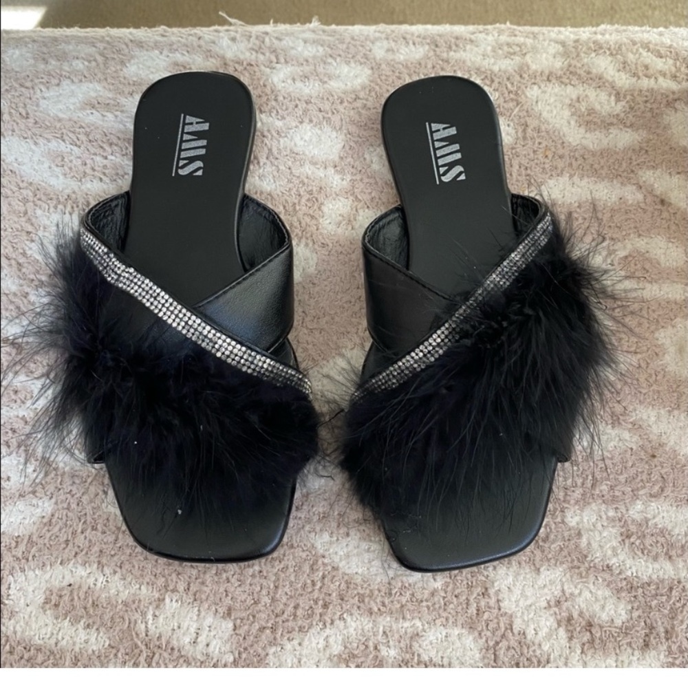New AMS Black Feather Slippers American Slip On House Shoes Slides Rhinestone - Picture 5 of 6
